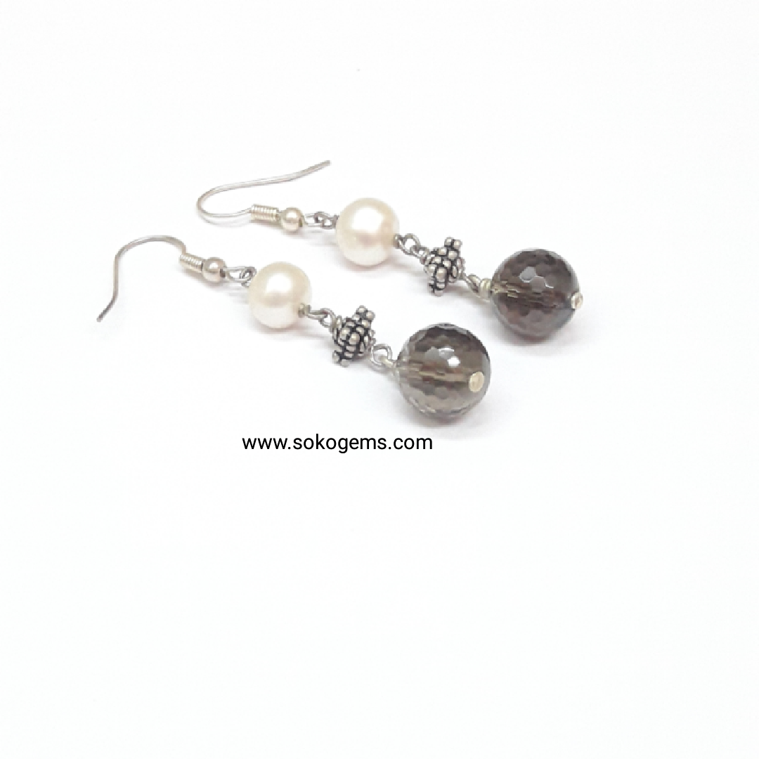 Pearl and Smoky quartz earrings
